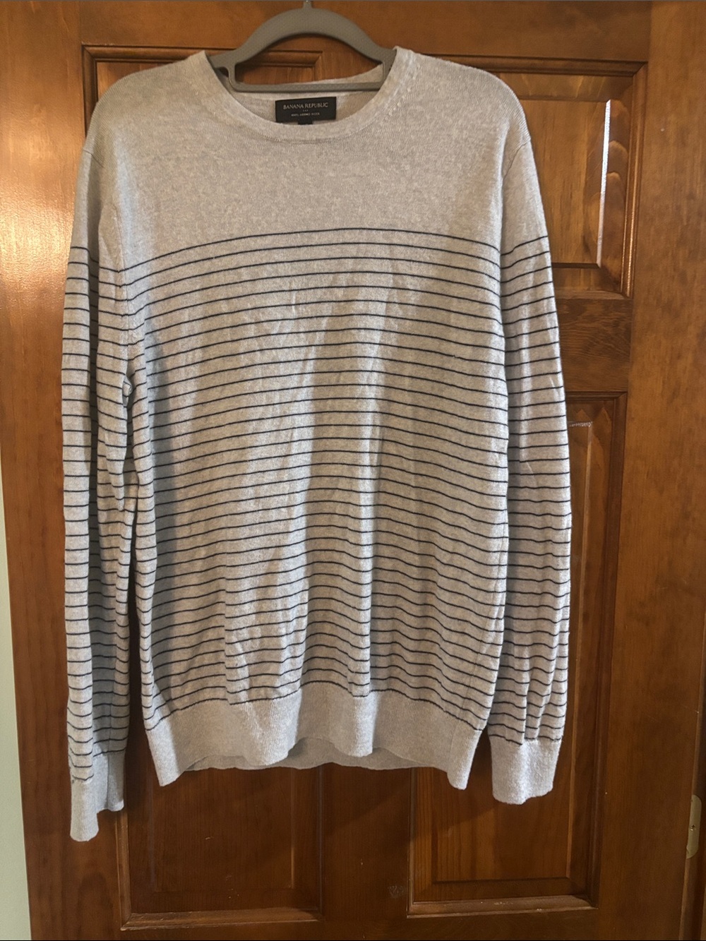 Banana Republic Light Gray Crewneck Sweater with Navy Stripes